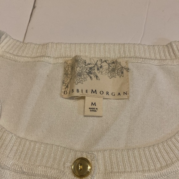 Debbie Morgan cardigan EUC light weight green and cream stripes, black cuffs - Picture 2 of 6